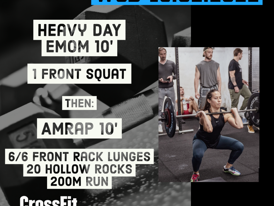 EMOM Fornt Squat AMRAP Front Lunges Hollow Rock Run