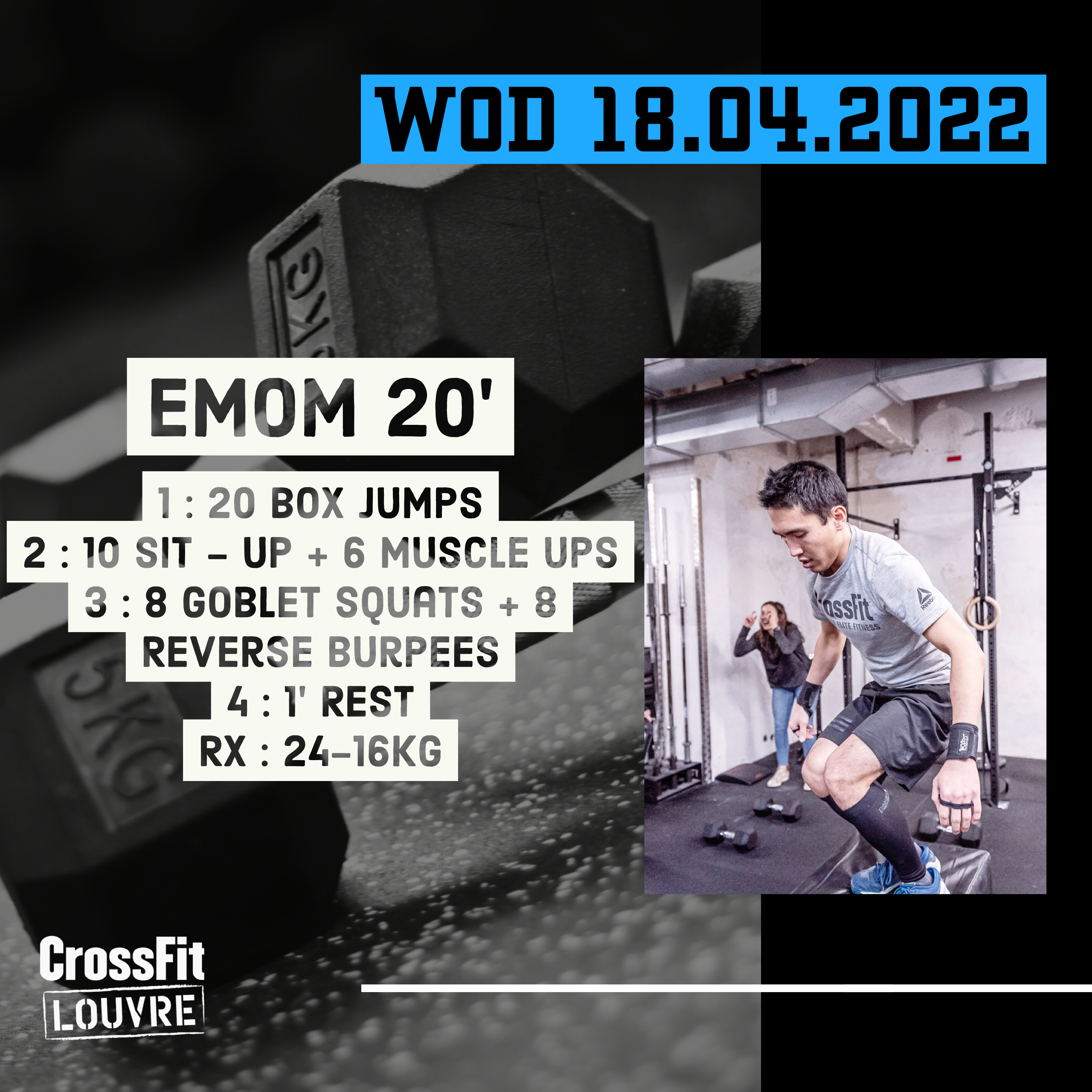 EMOM Box Jump Sit Up Muscle Up Goblet Squat Reverse Burpee Metcon