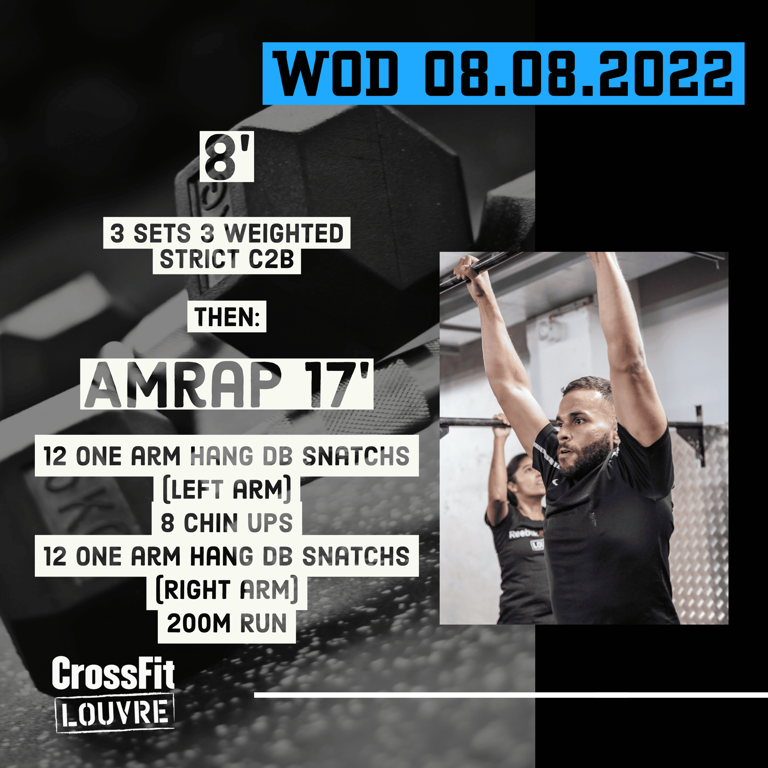 Weighted Chest To Bar AMRAP DB Hang Snatch Chin Up Run